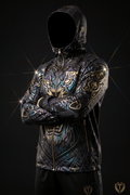 Holographic lion windbreaker with gold zippers and intricate iridescent tribal patterns on a black background.