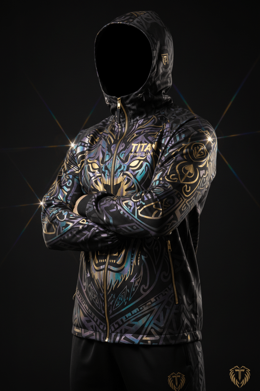 Holographic lion windbreaker with gold zippers and intricate iridescent tribal patterns on a black background.