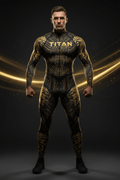 Man wearing a black and gold circuit board pattern compression suit with lion head graphics on shoulders and thighs.