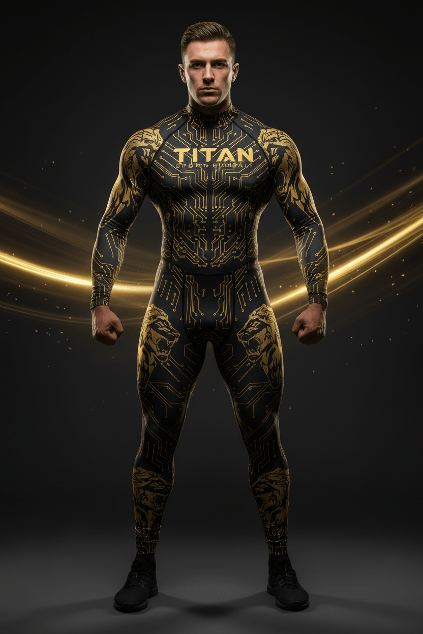 Man wearing a black and gold circuit board pattern compression suit with lion head graphics on shoulders and thighs.