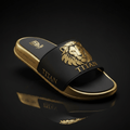 Black and gold recovery slide with a prominent gold lion emblem, "TITAN" branding, and metallic gold sole trim.
