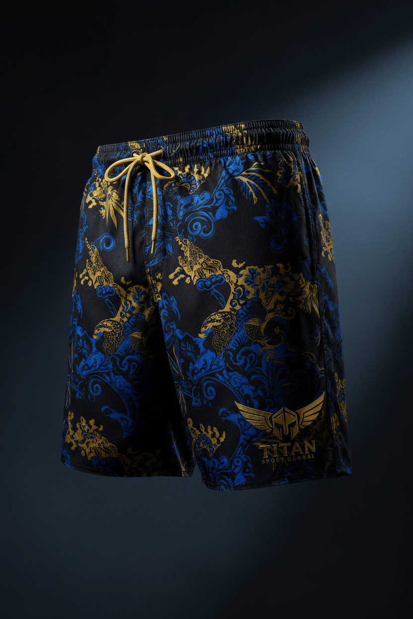 Black board shorts with a metallic gold and blue wave pattern, gold drawstring, and Titan Sport Global logo.