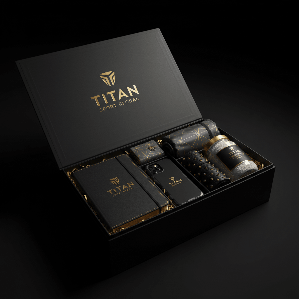 Black gift box with gold TITAN logo containing a leather journal, phone case, geometric accessories, and a glass jar.