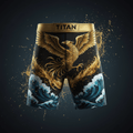 Black TITAN board shorts featuring a gold phoenix, fire, and blue ocean waves with a gold branded waistband.