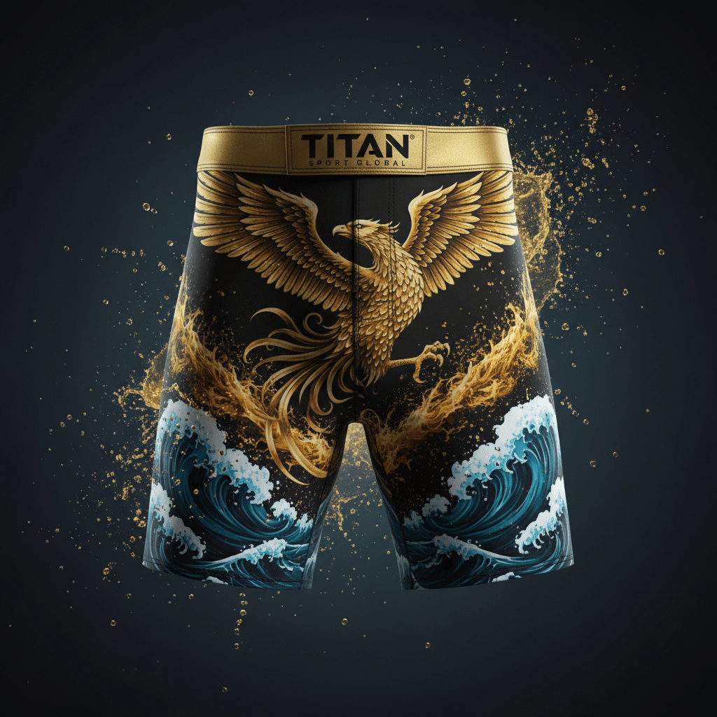 Black TITAN board shorts featuring a gold phoenix, fire, and blue ocean waves with a gold branded waistband.