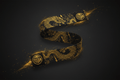 Black Titan boxing wrap with gold dragon print and circular logo patches, surrounded by glowing sparks.