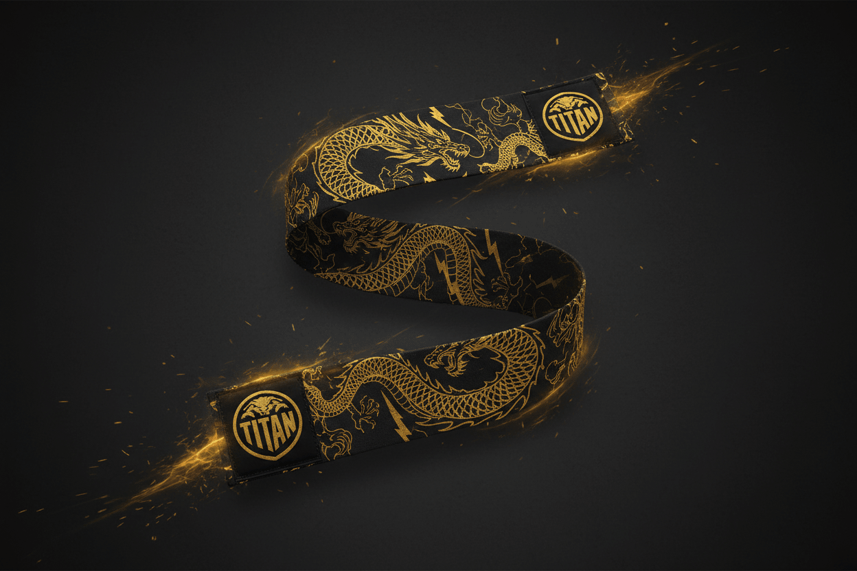 Black Titan boxing wrap with gold dragon print and circular logo patches, surrounded by glowing sparks.