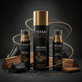 TITAN 3-piece skincare set in matte black bottles with gold caps, featuring charcoal and cedarwood accents.