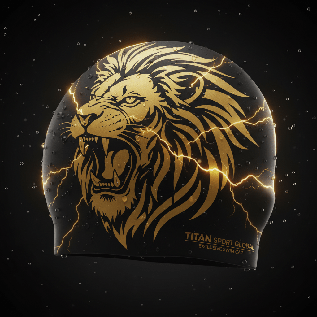 Black swim cap featuring a gold roaring lion design and lightning accents, branded TITAN SPORT GLOBAL.