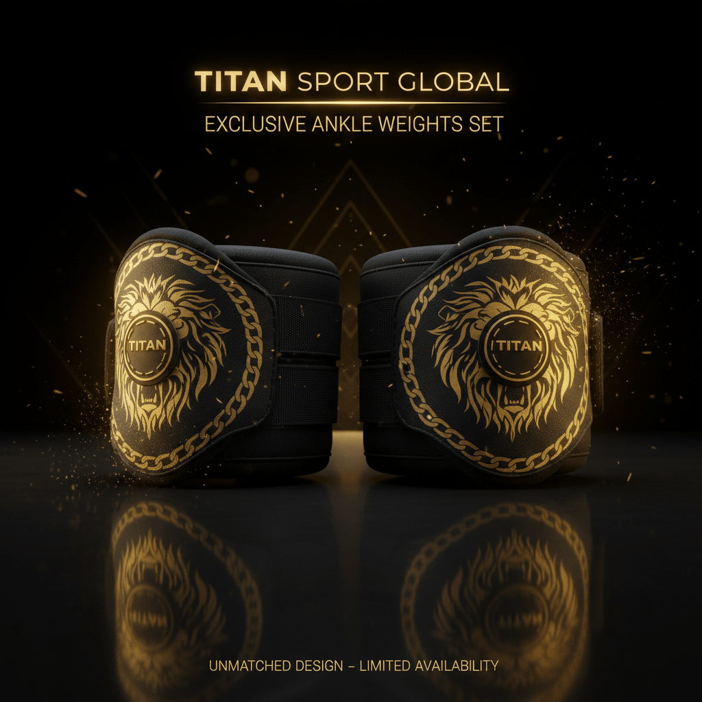 Black ankle weights featuring a gold lion head logo surrounded by a chain design with a TITAN emblem.