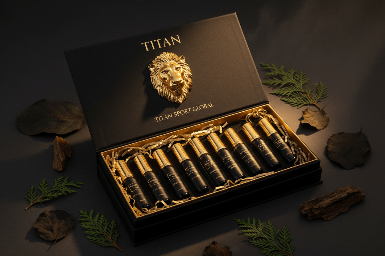 Black gift box with gold lion emblem, containing 10 black fragrance vials, surrounded by leaves and wood on grey.