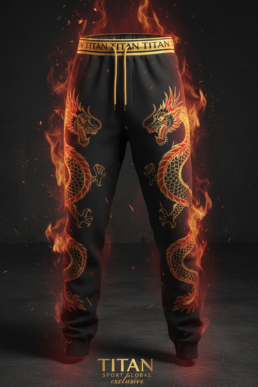 Black sweatpants with gold-red dragon graphics, Titan-branded gold waistband, and drawstring, surrounded by flames.