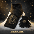 Black knit scarf and gloves set with gold embroidered lion head designs, displayed on a pile of snow.