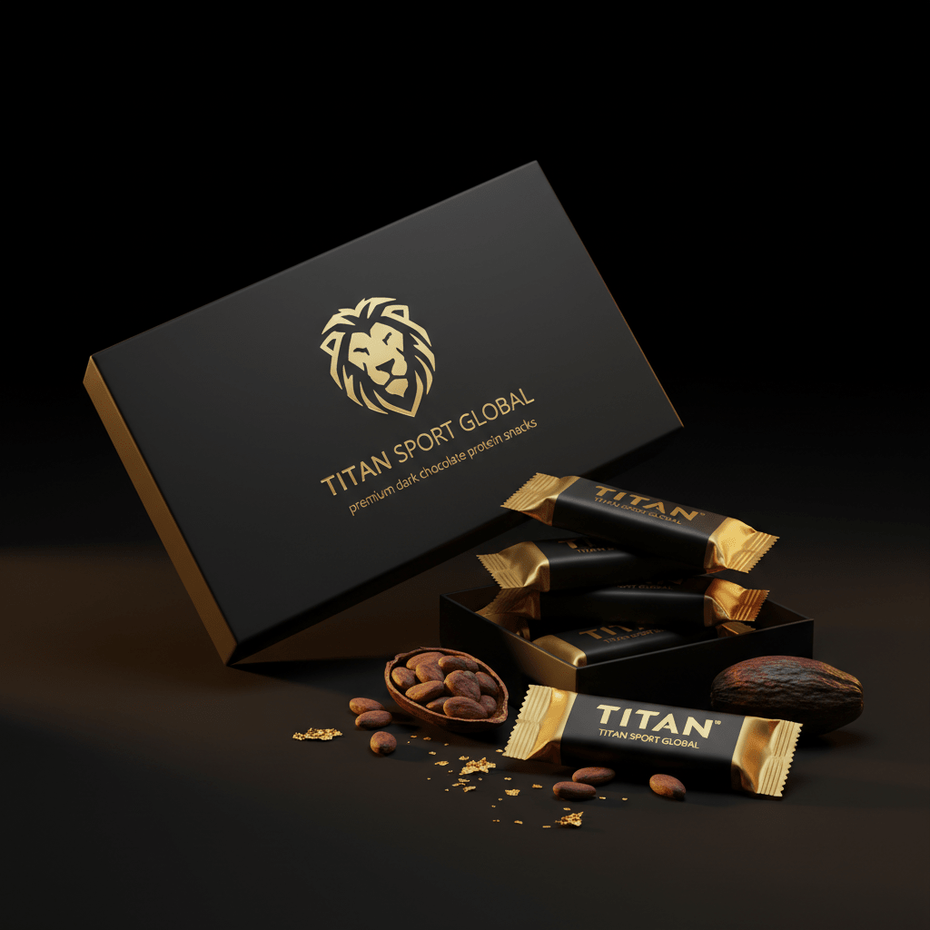 Black TITAN SPORT GLOBAL box with gold lion logo, featuring dark chocolate protein bars and scattered cocoa beans.