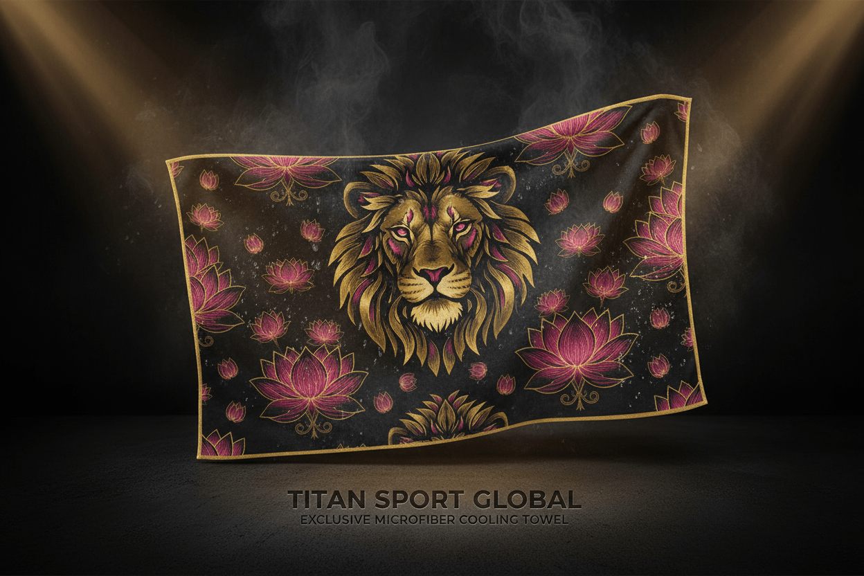 Black microfiber towel with gold lion head print, magenta lotus flowers, and gold trim under spotlighting.