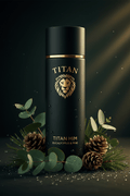 Matte black cylindrical perfume bottle with gold lion logo and text, surrounded by pine cones and eucalyptus leaves.