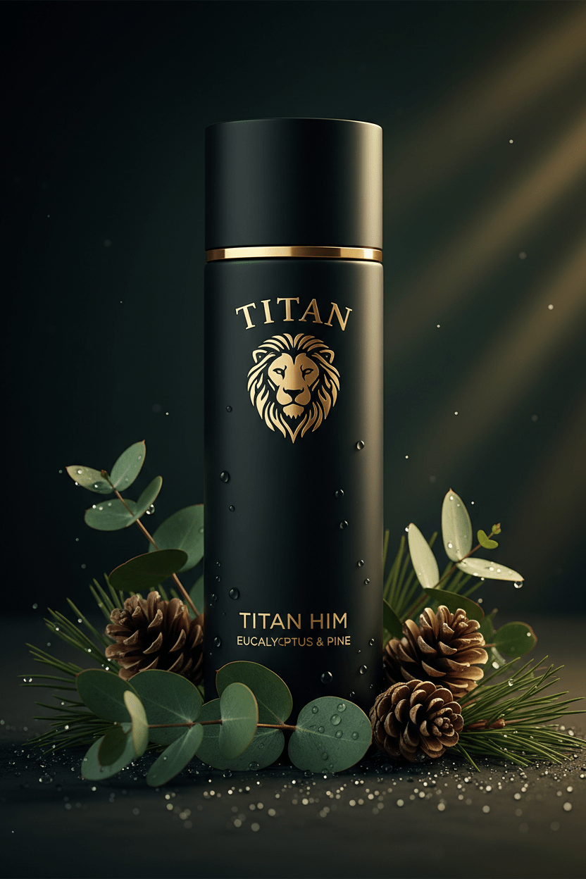 Matte black cylindrical perfume bottle with gold lion logo and text, surrounded by pine cones and eucalyptus leaves.