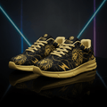 Titan Kids Lightning Lion sneakers in black with gold lion head, lightning bolt patterns, and gold soles.