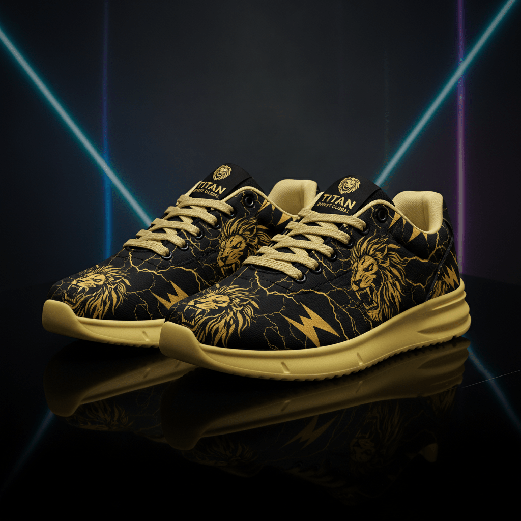 Titan Kids Lightning Lion sneakers in black with gold lion head, lightning bolt patterns, and gold soles.