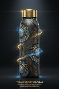Black insulated water bottle featuring a gold and blue lion circuit board pattern and metallic gold cap.