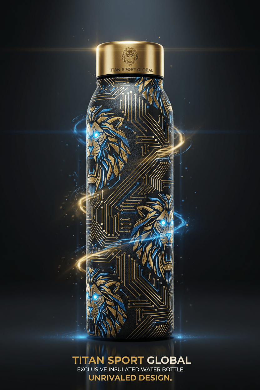 Black insulated water bottle featuring a gold and blue lion circuit board pattern and metallic gold cap.
