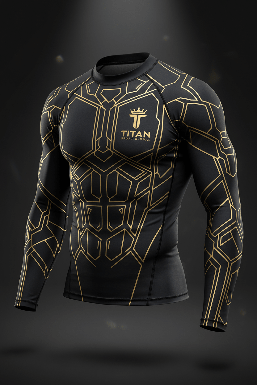 Black long-sleeve compression rash guard with gold geometric armor pattern and TITAN SPORT GLOBAL logo on the chest.