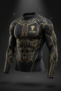 Black long-sleeve compression rash guard with gold geometric armor pattern and TITAN SPORT GLOBAL logo on the chest.