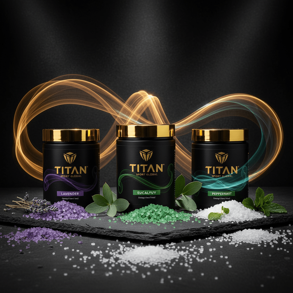 Three TITAN black tubs with gold lids and colored Epsom salts: purple lavender, green eucalyptus, and white peppermint.
