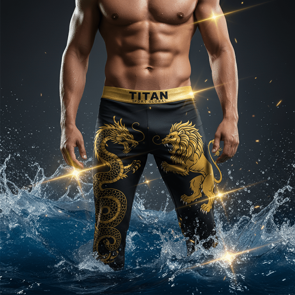 Black TITAN swim trunks with gold dragon and lion graphic, featuring a gold branded waistband, worn in splashing water.