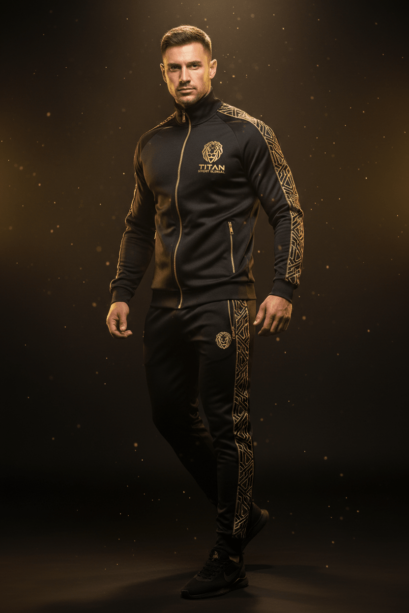 Man wears a black track suit with gold lion logo, gold zipper, and geometric gold sleeve and leg paneling.