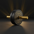 Black ab roller with gold lion mandala design, gold handles, and Titan Sport Global logo on a dark, spotlighted stage.