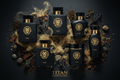 Black perfume bottles with gold lion logos, surrounded by swirling mist, dark stones, and botanicals on a black surface.