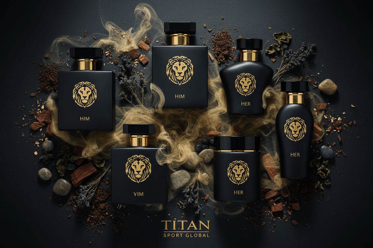 Black perfume bottles with gold lion logos, surrounded by swirling mist, dark stones, and botanicals on a black surface.