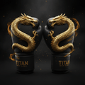 Black Titan Gold Dragon boxing gloves with a 3D gold dragon design, gold branding, and glowing fire embers.