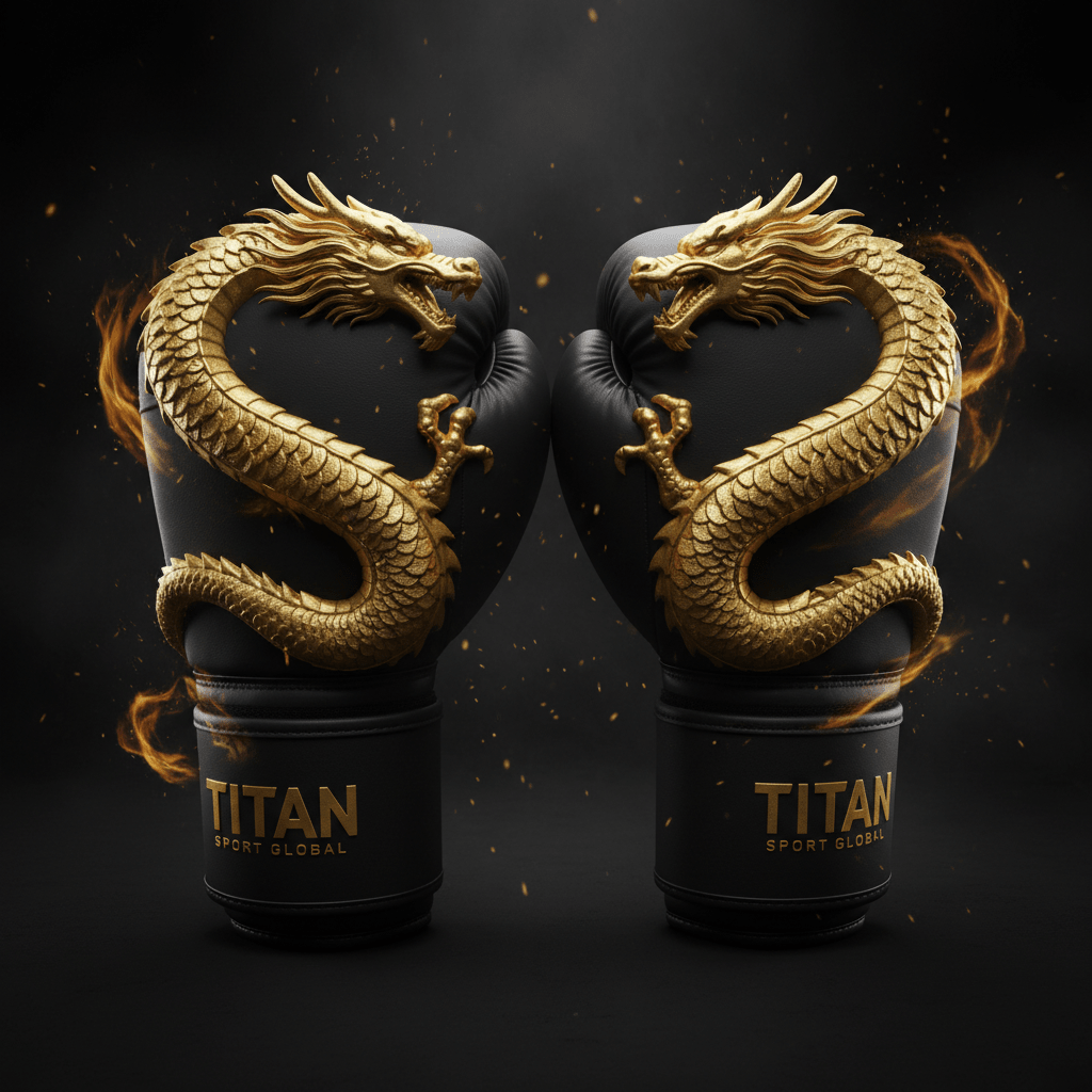 Black Titan Gold Dragon boxing gloves with a 3D gold dragon design, gold branding, and glowing fire embers.