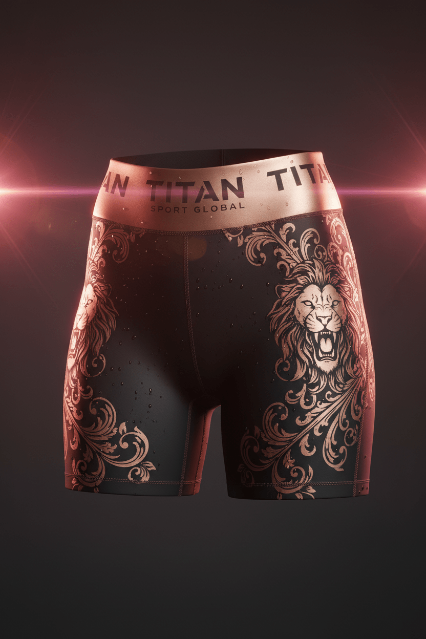 Black training shorts with metallic rose gold lion and floral print, featuring a branded TITAN sport waistband.