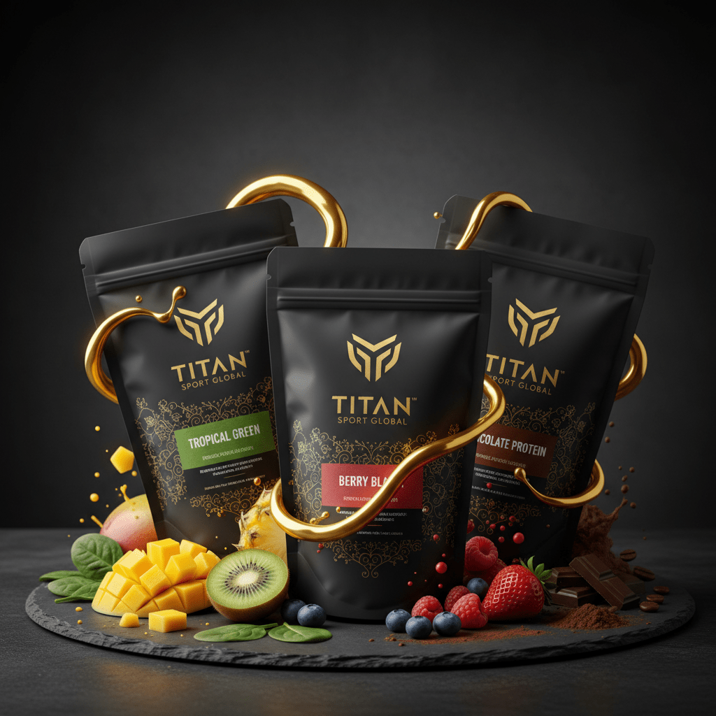 Three black TITAN Sport Global smoothie pouches surrounded by fresh tropical fruits, berries, and gold liquid swirls.