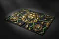 Black cooling towel with gold lion heads, neon green lightning bolts, and Titan Sport Global logo.