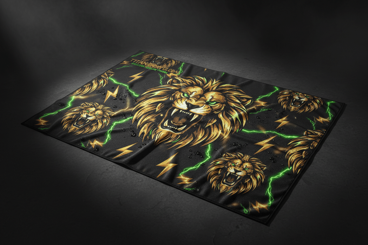 Black cooling towel with gold lion heads, neon green lightning bolts, and Titan Sport Global logo.