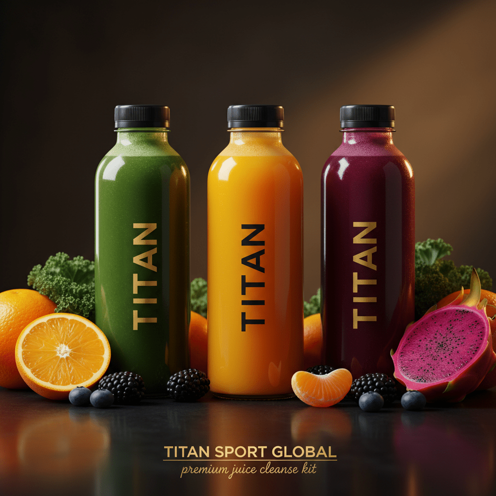 Three bottles labeled TITAN in green, orange, and purple, surrounded by fresh oranges, berries, and dragon fruit.