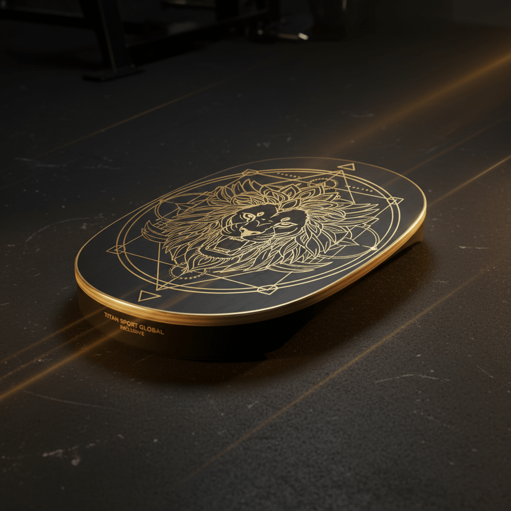 Black oval balance board featuring a gold geometric lion design and Titan Sport Global logo on a dark gym floor.