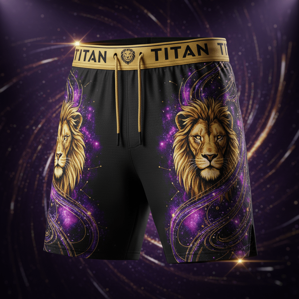 Black training shorts featuring gold lion heads, purple galaxy patterns, and a gold TITAN branded waistband with ties.