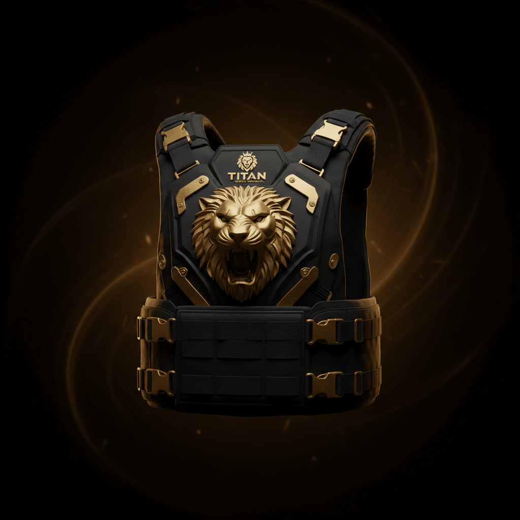 Black tactical weighted vest featuring a prominent gold lion head emblem, metallic gold buckles, and Titan branding.
