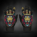 Black Titan Pro gym gloves featuring a colorful lion graphic with a gold crown and TITAN logo on a dark background.