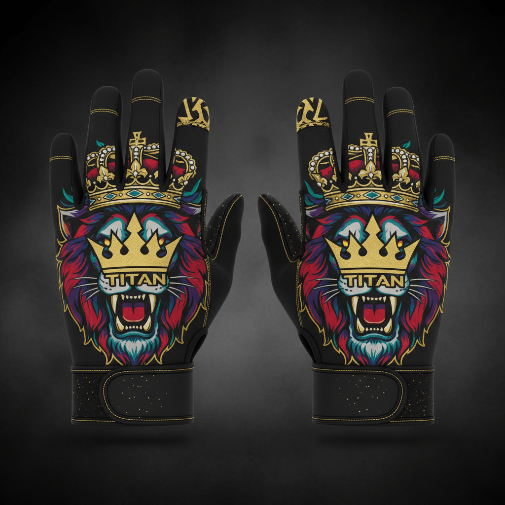 Black Titan Pro gym gloves featuring a colorful lion graphic with a gold crown and TITAN logo on a dark background.