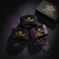 TITAN 3-pack performance headbands: two black with gold logos and one featuring colorful rose and crown print.