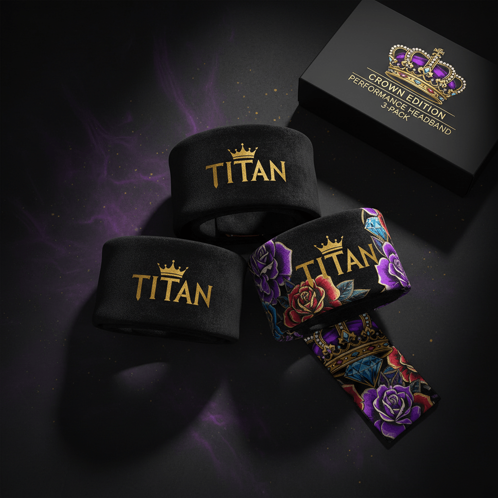 TITAN 3-pack performance headbands: two black with gold logos and one featuring colorful rose and crown print.