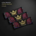 TITAN 3-pack performance headbands in black with gold crown logos and deep red rose and thorn floral prints.