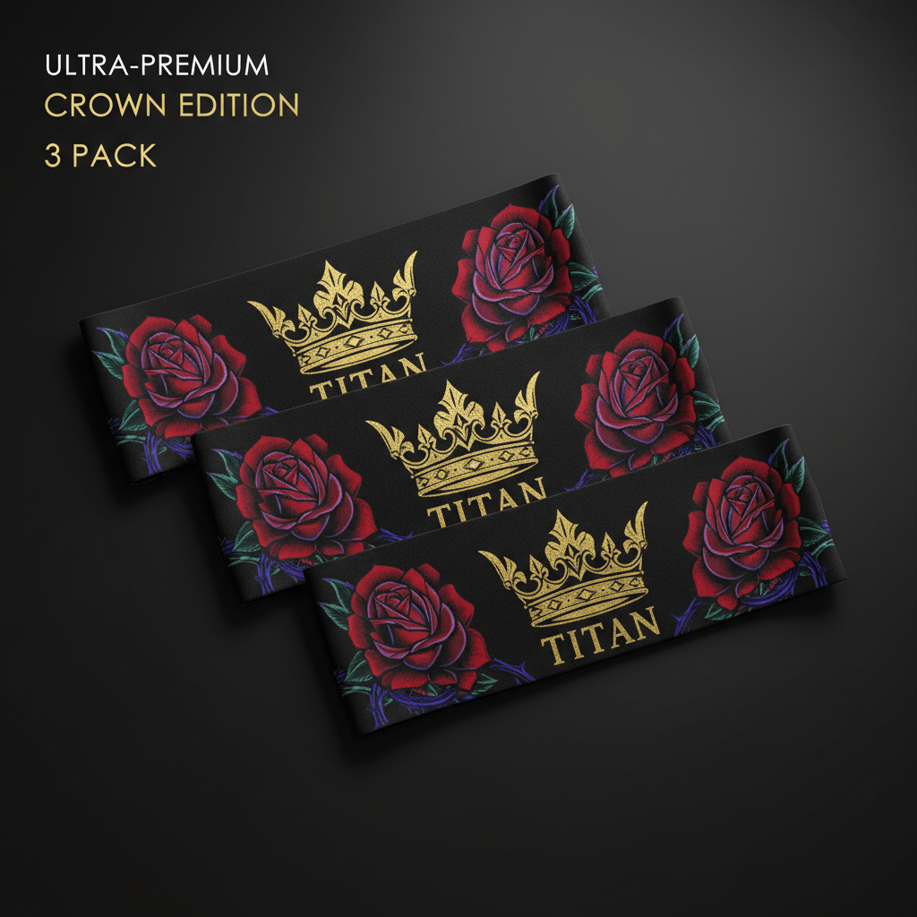 TITAN 3-pack performance headbands in black with gold crown logos and deep red rose and thorn floral prints.