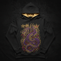 Black hoodie with gold-lined hood, featuring a detailed purple and gold dragon graphic with crowns and Titan logo.